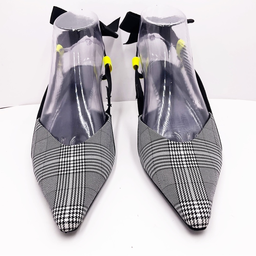 {Zara} Gray Plaid Slingback Bow Kitten Heels - Picture 6 of 16